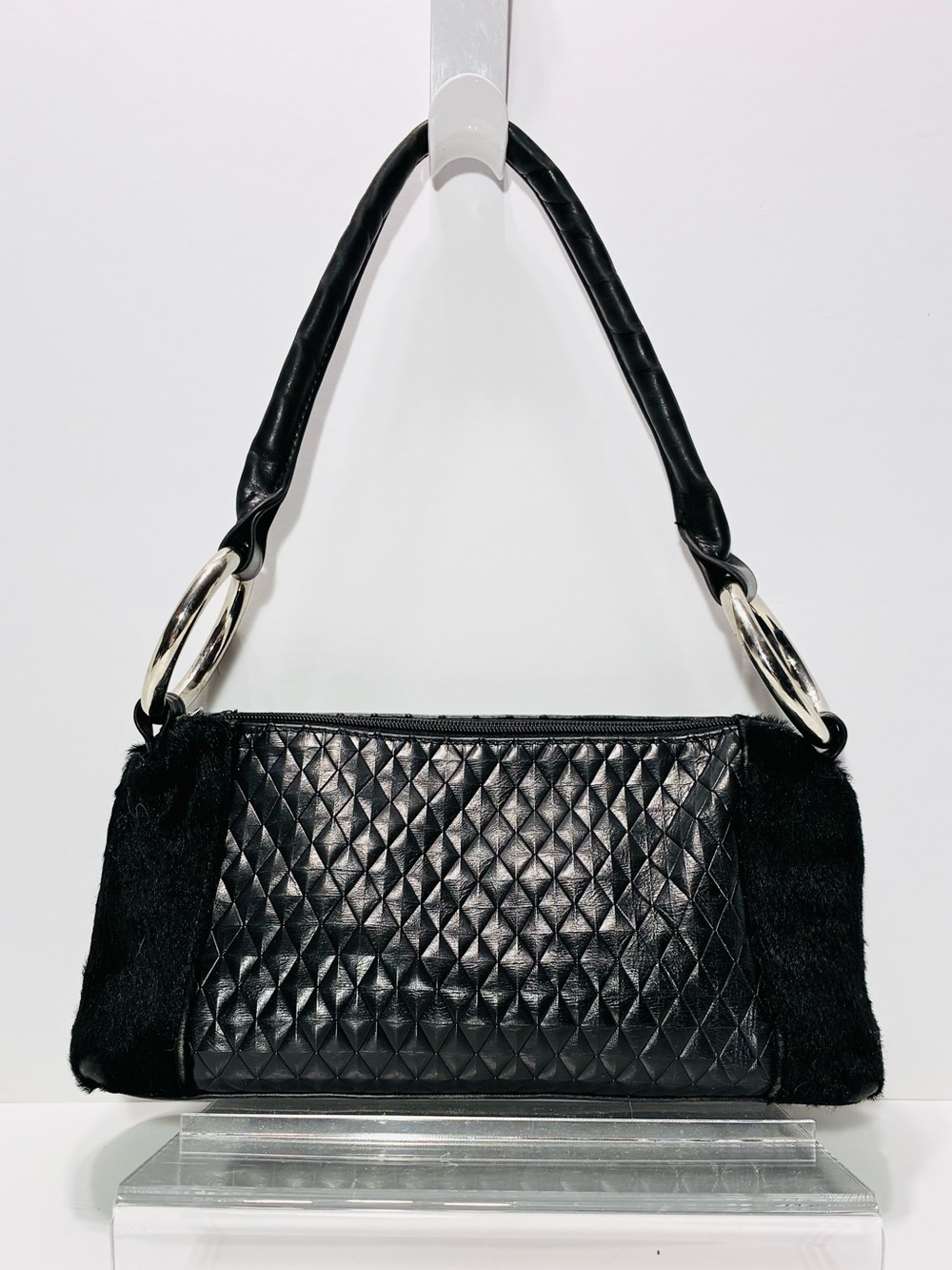 VTG 90s Donald J. Pliner USA 3D Faceted Diamond Leather Haircalf Shoulder Bag